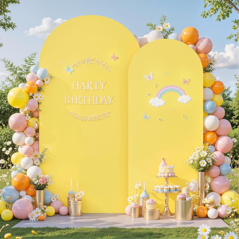 Suppromo Yellow Arch Cover Set of 2-7.2 and 6FT Yellow Arch Backdrop Cover Spandex Fitted Birthday Party Arch Stand Covers Stretchy Backdrop for Baby Shower Bridal Shower Ceremony Wedding Photo Background - Image 4